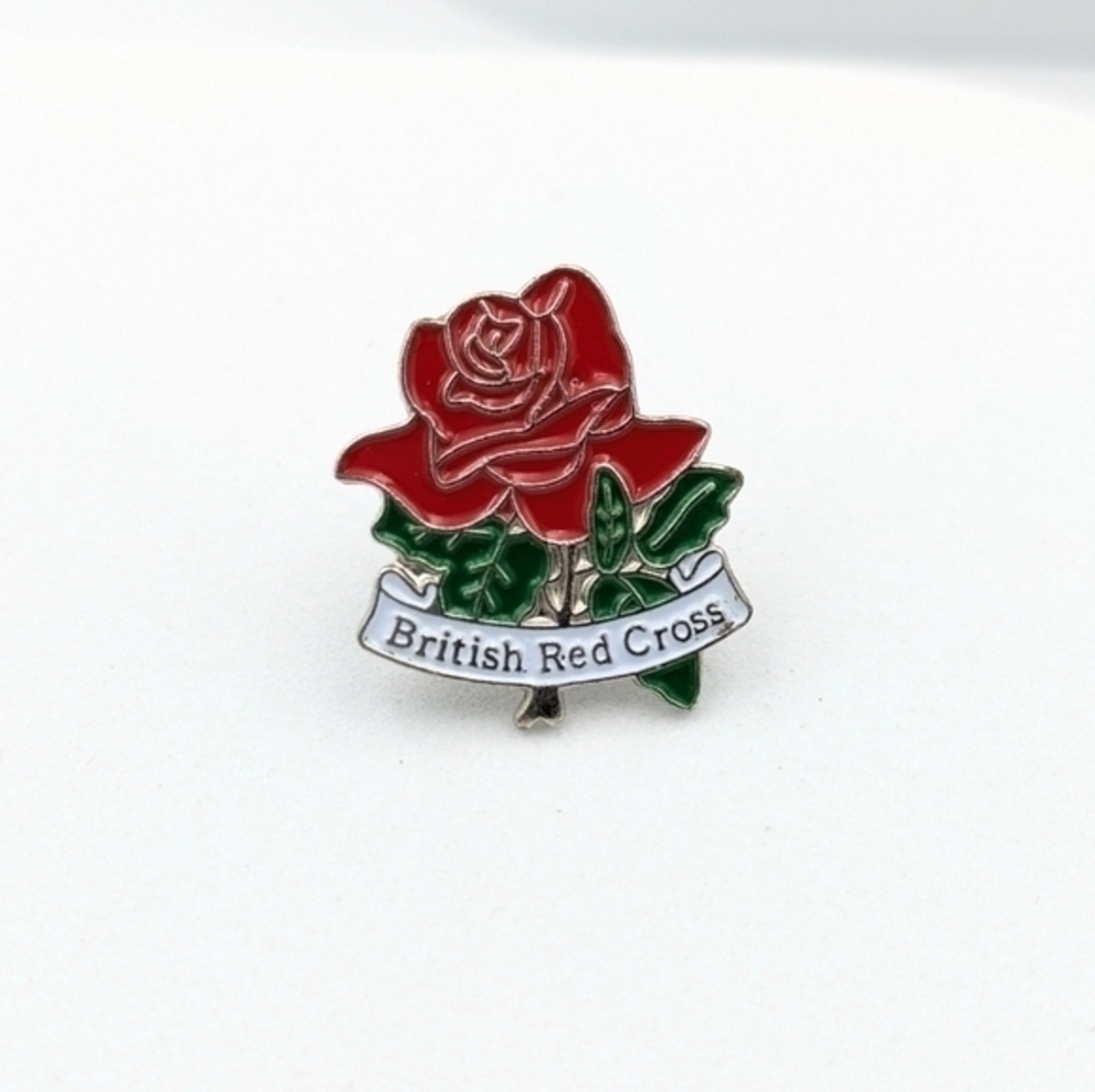 4/24$  Vintage British Red Cross red rose enamel pin